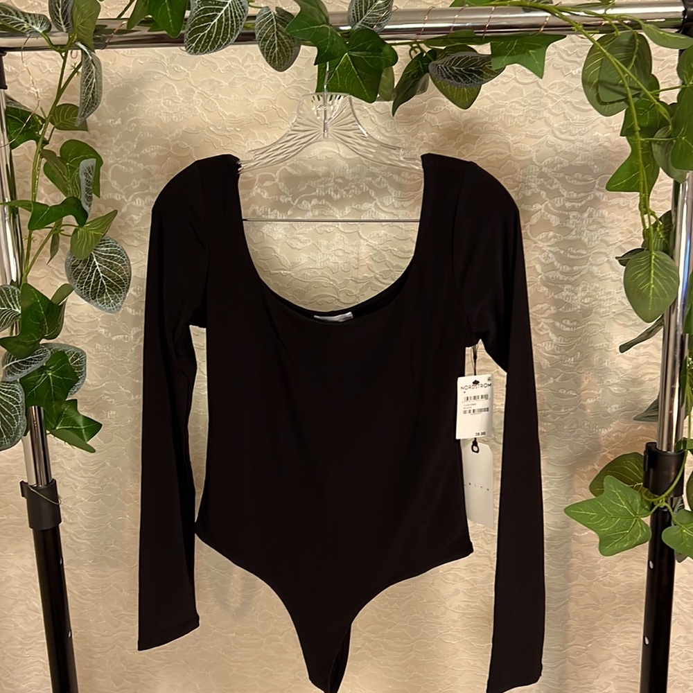 Leith Double Scoop Long Sleeve Thong Bodysuit, Black. Sizes S & M